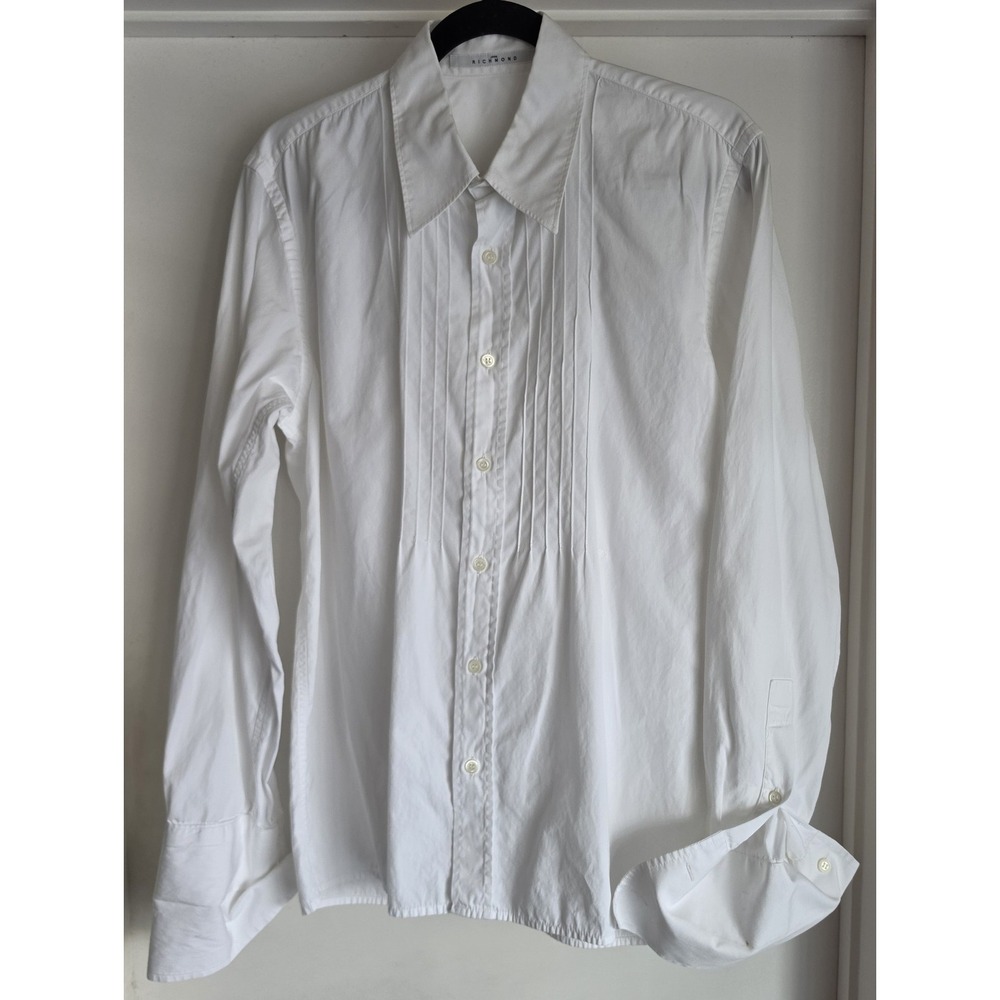 John Richmond Dress Tuxedo Shirt Men's L White Cotton Pleated Front Bib Luxury